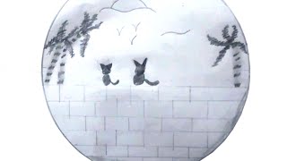 Cat Drawing  Easy Pencil Scenery Drawing  Cats Sitting on the Wall Drawing by Creative Sisters [upl. by Airegin]