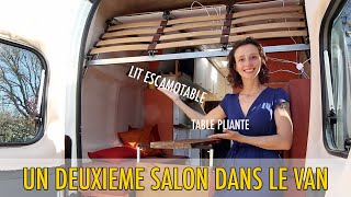 Notre salon convertible  lit pavillon escamotable DIY  table pliante etc VAN AMÉNAGÉ [upl. by Ailemrac]