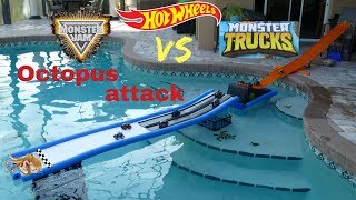 Hot Wheels octopus attack fat track pool water slide Monster Truck vs Monster Jam tournament race [upl. by Tyree]