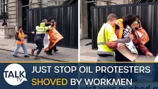 Two Workmen SHOVE Just Stop Oil Protesters Out Of Road [upl. by Narad]