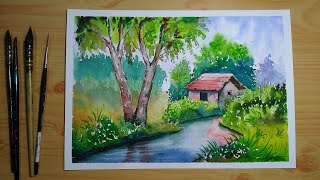 Simple watercolor landscape painting for beginners [upl. by Erminna453]