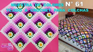 Como tejer el Cuadrado o muestra de colores N° 61 con flores tejidos a crochet para colchas [upl. by Erialc]