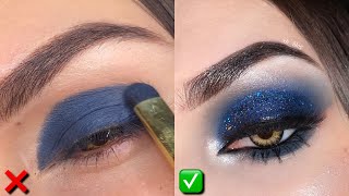 Glittery Navy Blue Smokey Eyeshadow Tutorial for Small  Hooded eye to look BIGGER 😍 [upl. by Lisetta]