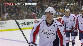 Backstrom scores after Ovechkin takes out two Penguins [upl. by Yhtommit]