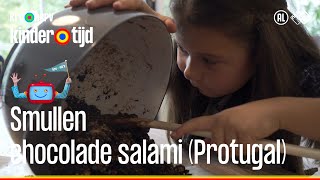 🍽 Chocolade salami uit Portugal 🇵🇹  Smullen Kindertijd KRONCRV [upl. by Ardnasela]