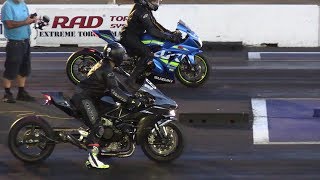 H2 vs ZX14 vs GSXR  superbikes drag racing [upl. by Huan]