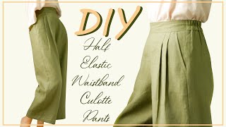 DIY Half Elastic Waistband Linen Culotte Pants  How To Make Back Elastic Waistband Culotte Trousers [upl. by Eras]