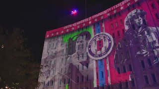 Monument Circle picture display lights up AES building to honor Labor Day [upl. by Hnirt]