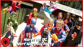 Nerf War Marvel vs DC Spiderman Batman pool party superhero real life movie SuperHeroKids [upl. by Noda]