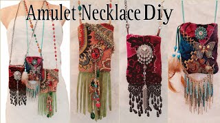 How To Make Fabric Pouch Necklaces  Amulet Boho Bag Upcycled [upl. by Eerized69]