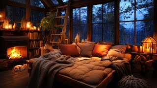 Thunderstorm with Lightning Rain on Window and Gentle Crackling Fire in a Cozy Bedroom Ambience [upl. by Bish]