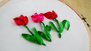 Hand Embroidery Tulip ribbon embroidery [upl. by Lesnah]