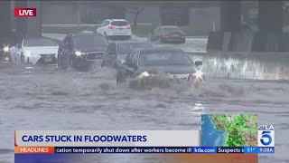 Rainwater floods 710 Freeway as determined motorists forge on [upl. by Ssenav]