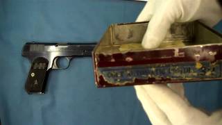 1915 Tin Shipping Box and Colts 1903 Pocket Hammerless 32 acp pistol [upl. by Tnek]