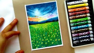 oil pastel drawing with 12 colours ♡ ep 1 mountain field｡✧ [upl. by Moia]