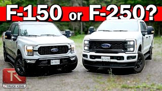 Ford F150 vs F250  HalfTon or HD We Compare Towing Payload MPG amp More [upl. by Winstonn]