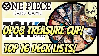 One Piece Card Game TAK Games OP08 Treasure Cup Top 16 Deck Lists [upl. by Ahsinor]