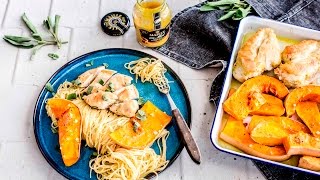 Glasierte Hähnchenbrust mit Spaghettini und Kürbis Salbei Soße I Mustard Lovers I FOODBOOM [upl. by Chiquia]