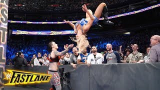 Charlotte Flair hits a vicious moonsault on Ruby Riott from atop the barrier WWE Fastlane 2018 [upl. by Anagrom]