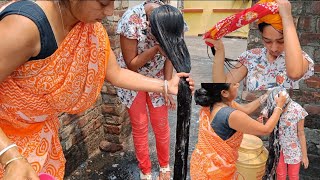 Bengali girl kneelength long hair wash vlog  Knee length long hair wash by mom  Long hair play [upl. by Ardnuassak]