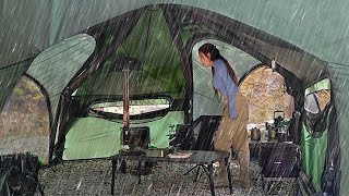 INTERESTING SPACE STATION SHAPED INFLATABLE TENT CAMPING WITH WOODSTOVE IN THE RAIN [upl. by Enirod681]