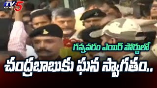 విజయం నీదే చంద్రన్న  HUGE CROWD Welcomes Chandrababu Naidu at Gannavaram Airport  TV5 News [upl. by Ynittirb123]