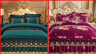 Luxury Winter Thicken Gold Yellow Crystal Velvet Bedding Set Lace Embroidery Duvet Cover2024 [upl. by Steinway]