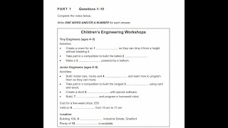 IELTS Listening Practice Section1Childrens Engineering Workshops with answers [upl. by Aihtenyc]