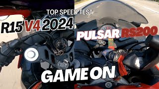 TOP END CHECK  R15 V4 TOP SPEED  PULSAR RS 200 TOP SPEED  DRAG RACE BETWEEN R15 AND RS200 [upl. by Einimod]