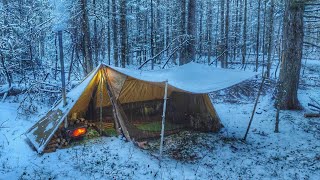 Extreme  38° Solo Camping 4 Days  Snowstorm amp Winter Solo Camping in Lightweight Hot Tent [upl. by Rinee633]