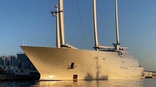 Sailing Yacht A Andrey Melnichenko’s 14281m 600 million Sailing yacht docking in Gibraltar [upl. by Nonnek235]