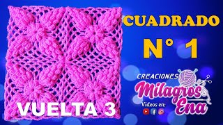 Vuelta 3 del tutorial Cuadrado N° 1 tejido a crochet en punto UVAS paso a paso para Mantas [upl. by Robbins459]