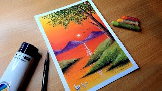 Oil Pastel Sunset Scenery Drawing for Beginners  SWAN LAKE SUNSET  Easy Oil Pastel Nature Drawing [upl. by Glaab981]