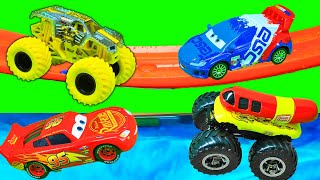 Monster TRUCKS Hot Wheels vs Monster JAM vs CARS 3 Lightning McQueen  Epic Hot Wheels Water Ride [upl. by Vedis]