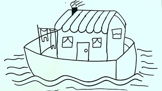 How To Draw Houseboat Step By Step For Kids  Simple Houseboat Drawing Houseboat Tutorial [upl. by Aissert836]