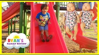 Ryan Twin Sisters First Time Outside Playground for Kids Family Fun Playing at the Park [upl. by Rosanna]