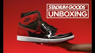 STADIUM GOODS UNBOXING Air Jordan 1 High OG “Bred Patent Leather” [upl. by Liatrice871]