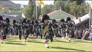 Huntly Pipe Band march out playing Crags of Tumbledown during 2023 Braemar Gathering Highland Games [upl. by Reese]