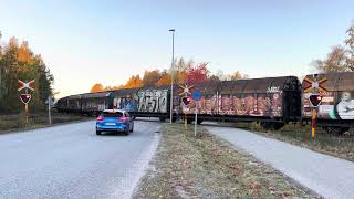 T44 pushing goods wagons at a level crossing on Jordbro [upl. by Niltak]