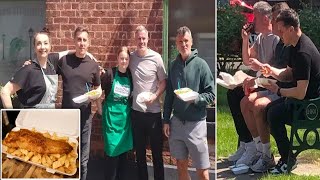 Roy Keane and Jamie Carragher tuck into fish and chips cooked by Gary Neville [upl. by Anikehs958]