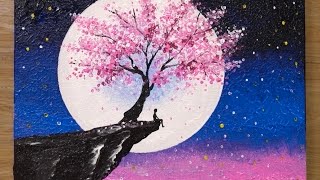 Cherry Blossom under Moonlight  Acrylic Painting Technique 459 [upl. by Zoe549]