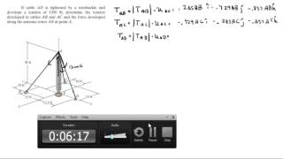 Determine the tension in cables AB and AC and the force along AE [upl. by Fern]