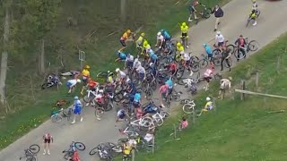 Massive Crash At LiègeBastogneLiège [upl. by Ahserak902]