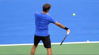 Roger Federer Forehand Slow Motion Court Level View  ATP Modern Tennis Forehand Technique [upl. by Suravat]