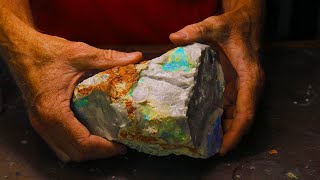 HUGE 11000 carat uncut gem opal gets carved to expose the top quality colors inside [upl. by Itra]