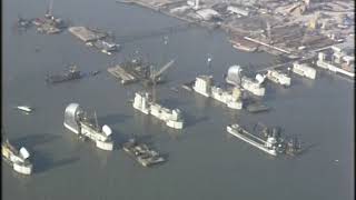 Thames Flood Barrier  Thames Barrier under construction  London Aerials  1980s [upl. by Emirej]