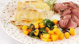 Recette Médaillon de biche gratin de chicons et étuvée de Butternut – Colruyt [upl. by Anawik]