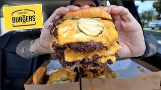 MUKBANG EATING EASY STREET SAUCY CHEESEBURGERS LOADED AND CHEESY WILD FRIES BANANA DONUT [upl. by Ihana]