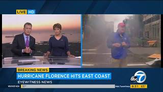 Reporter gets hit with storm debris during live shot  Hurricane Florence [upl. by Bristow]