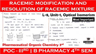 Racemic modification and Resolution of Racemic mixture  L8 U1  POC3rd  B Pharma 4th Sem [upl. by Waylon]